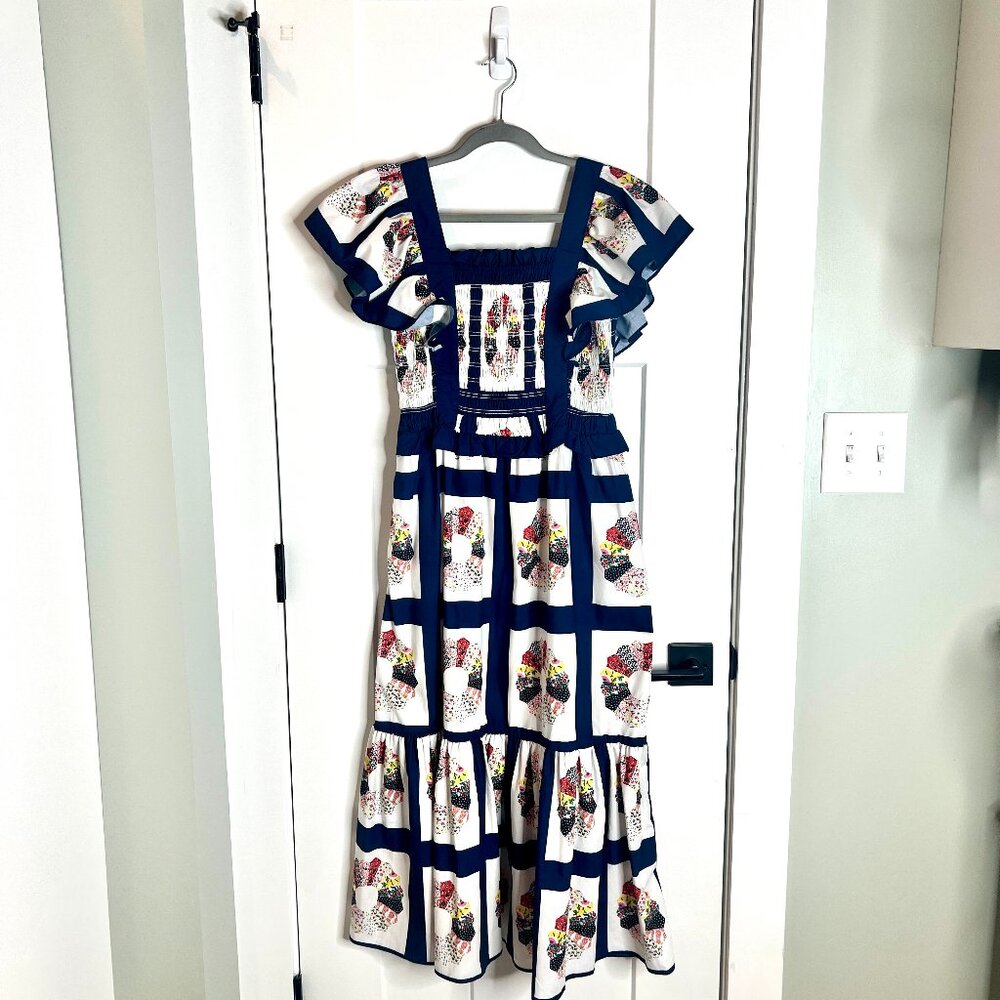 Beulah Navy and White Floral-Print Midi Dress